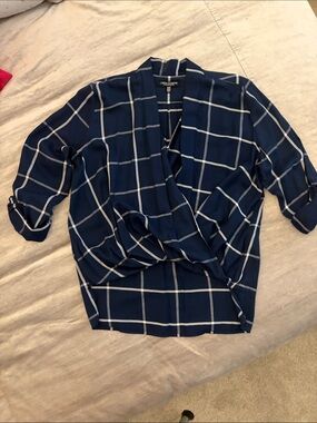 Lines & Strings Navy Windowpane Wrap Blouse